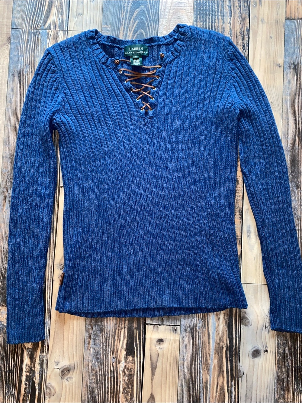 Lauren Ralph Lauren Navy Ribbed linen blend Lace-Up V-Neck Sweater